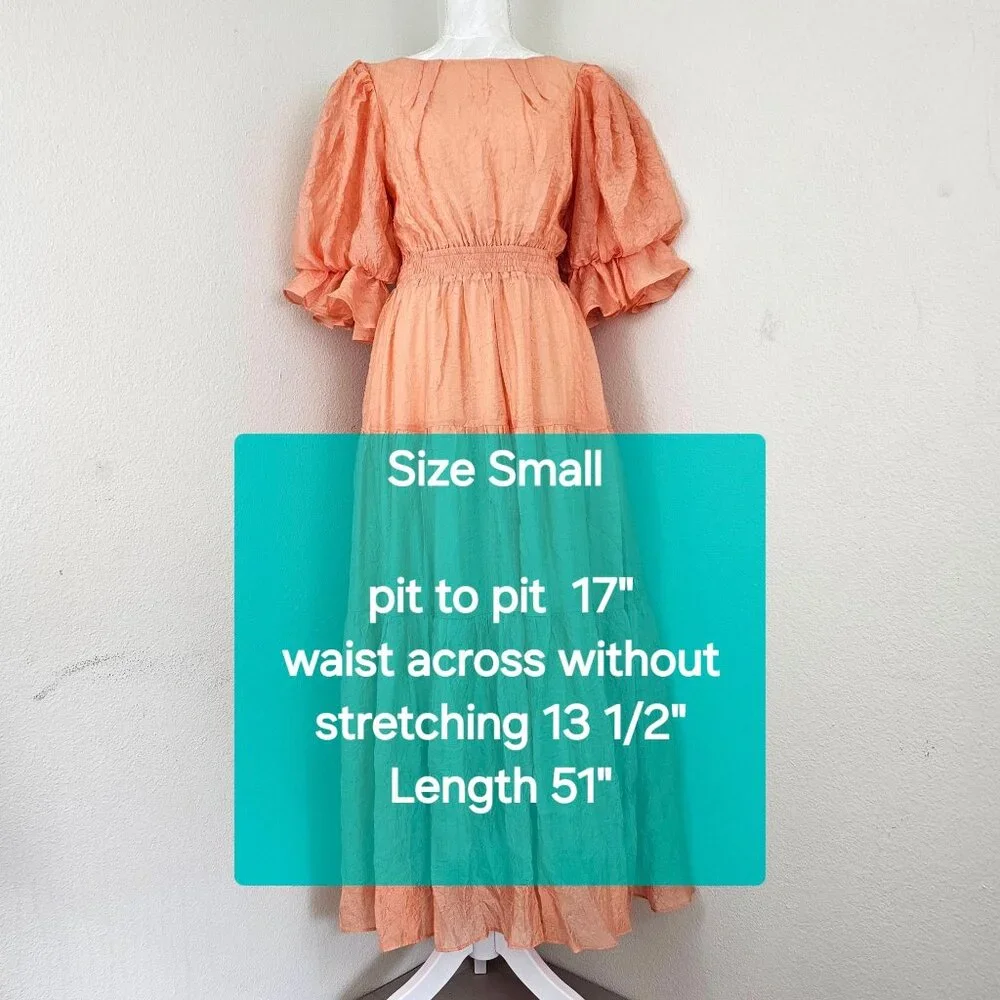 MOON RIVER Womens Sz S Puff Sleeve Tiered Back cutout Midi Dress Coral Cocktail - Picture 10 of 16